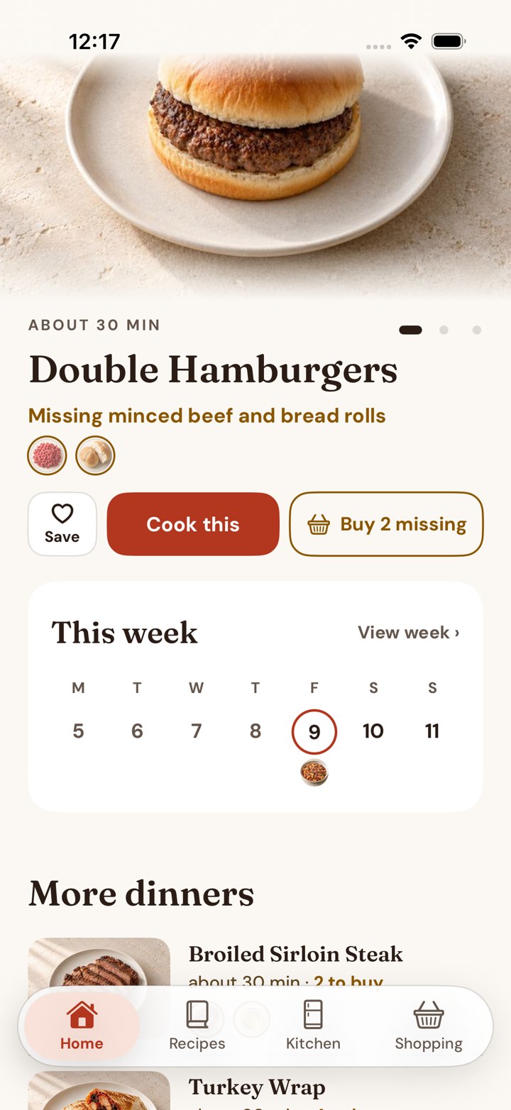 Kitchen First Home showing a hamburger recipe, missing ingredients and This week