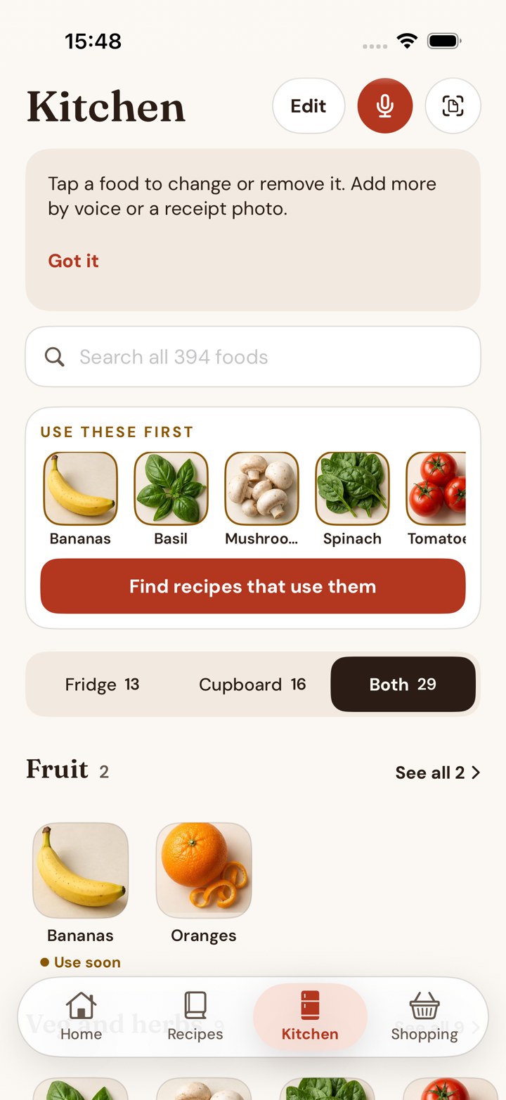 Kitchen screen with foods marked to use first