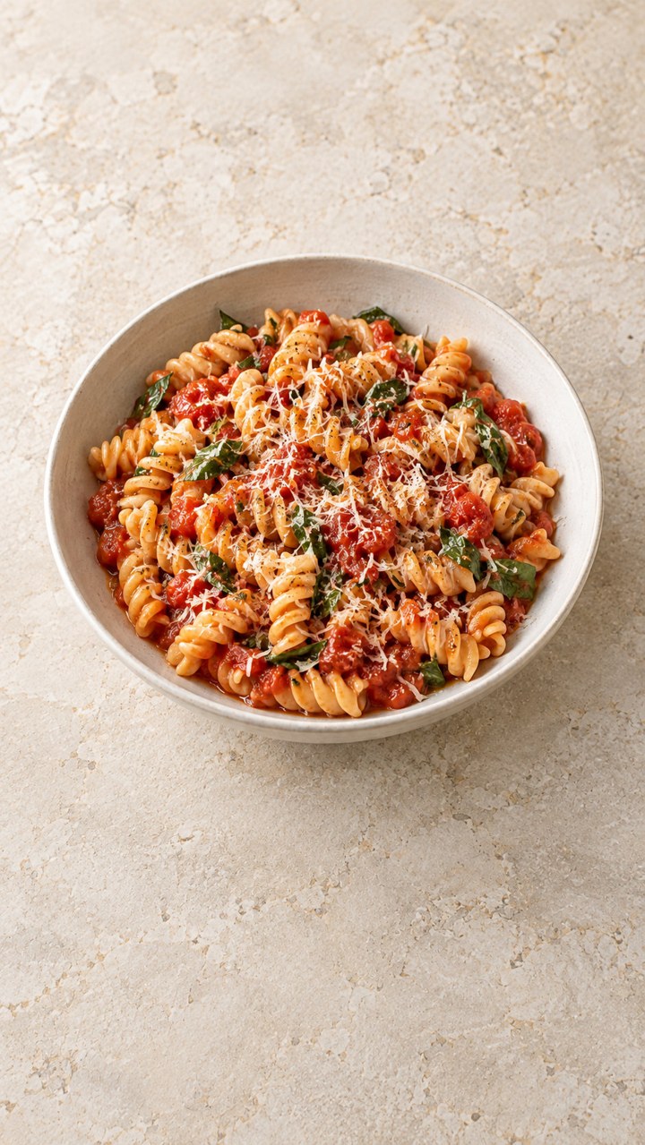 Tomato pasta with basil and cheese