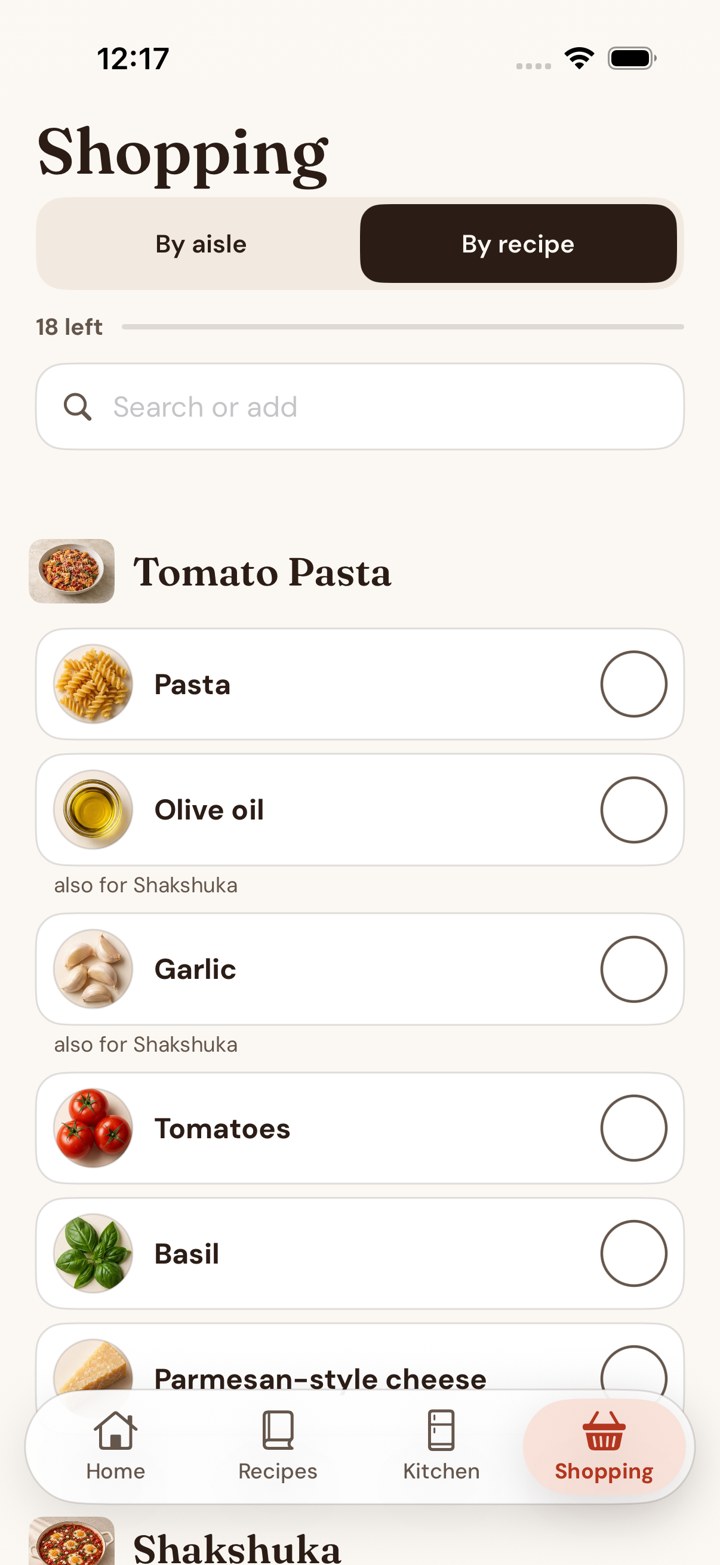 Shopping list grouped by recipe with missing ingredients